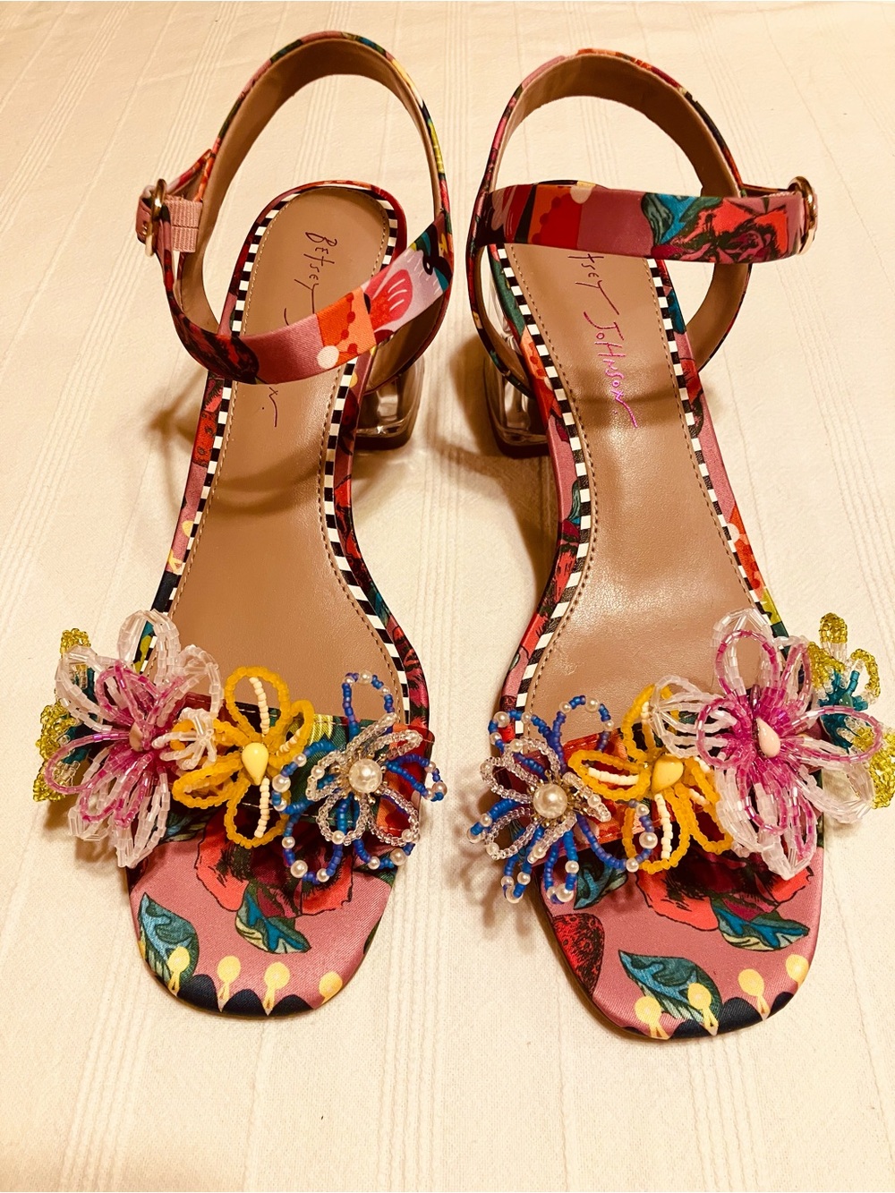 Betsey Johnson Cinthia Clear Block Heel Beaded Floral Sandal Pink Size 9.5